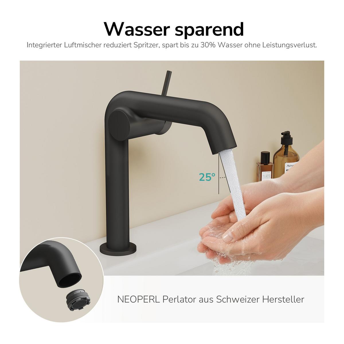 WASCHTISCHARMATUR Ventilkernzertifizierung Schwarz Matt 15cm - Schwarz, Metall (20/7.6/22.2cm) - EMKE