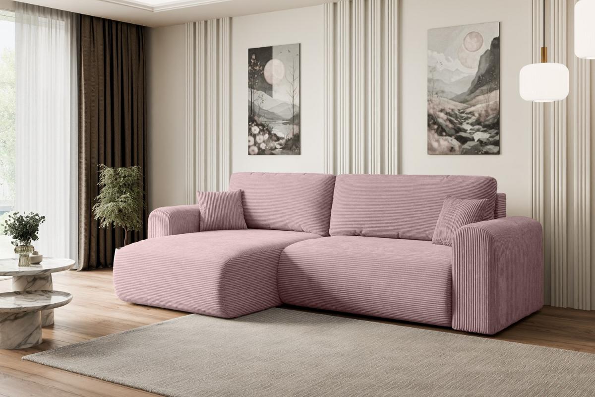 ECKSOFA mit Schlaffunktion und Bettkasten ORRO-L - 272x145x83 cm Rosa Cord - Schwarz/Rosa, Holzwerkstoff/Kunststoff (272/145cm) - ALTDECOR