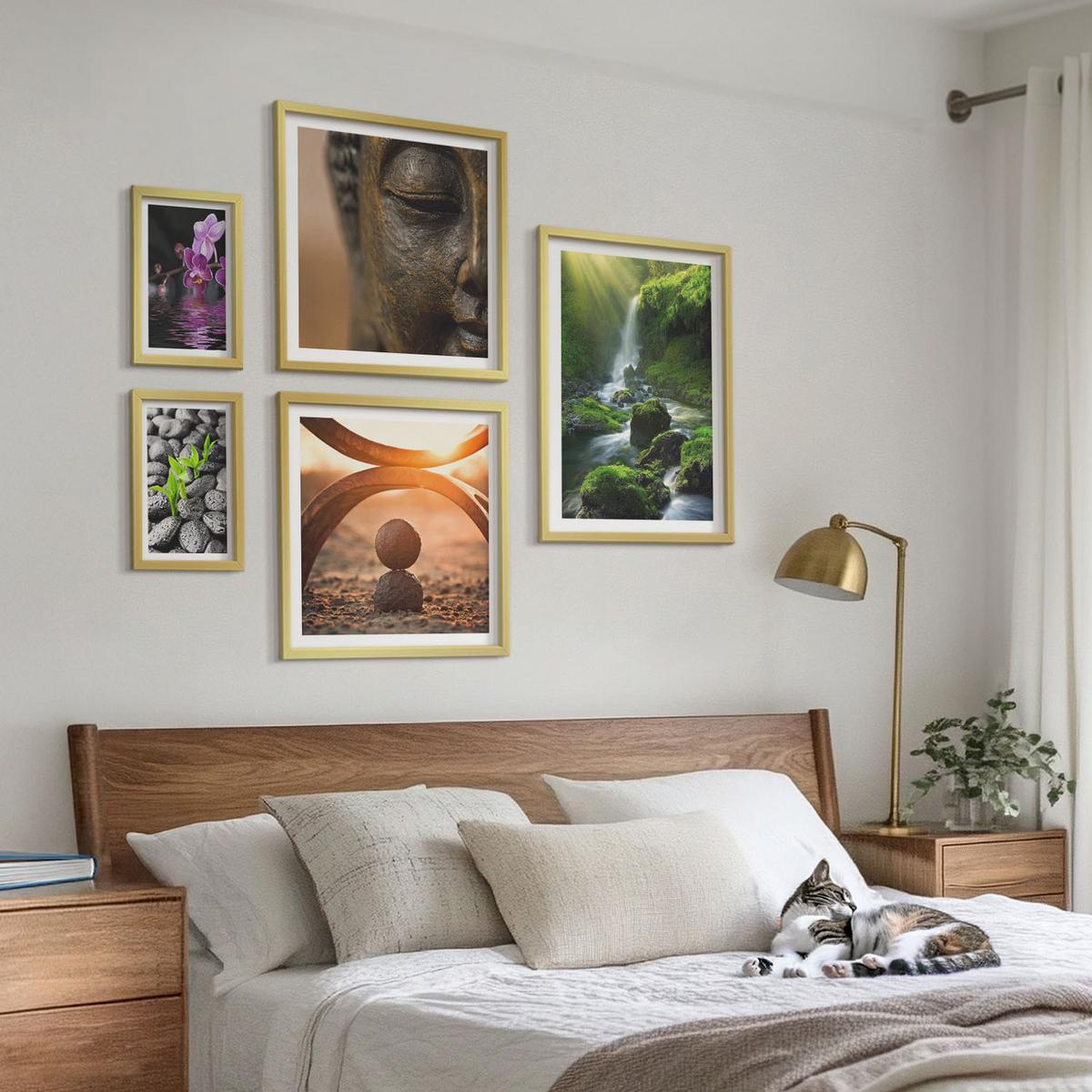 BILDER SET 5er Set - 50x50 cm & 20x30 cm & 40x60 cm Goldrahmen - Winterlandschaft mit Nordlichtern - Goldfarben, Kunststoff (40/60cm) - TULUP