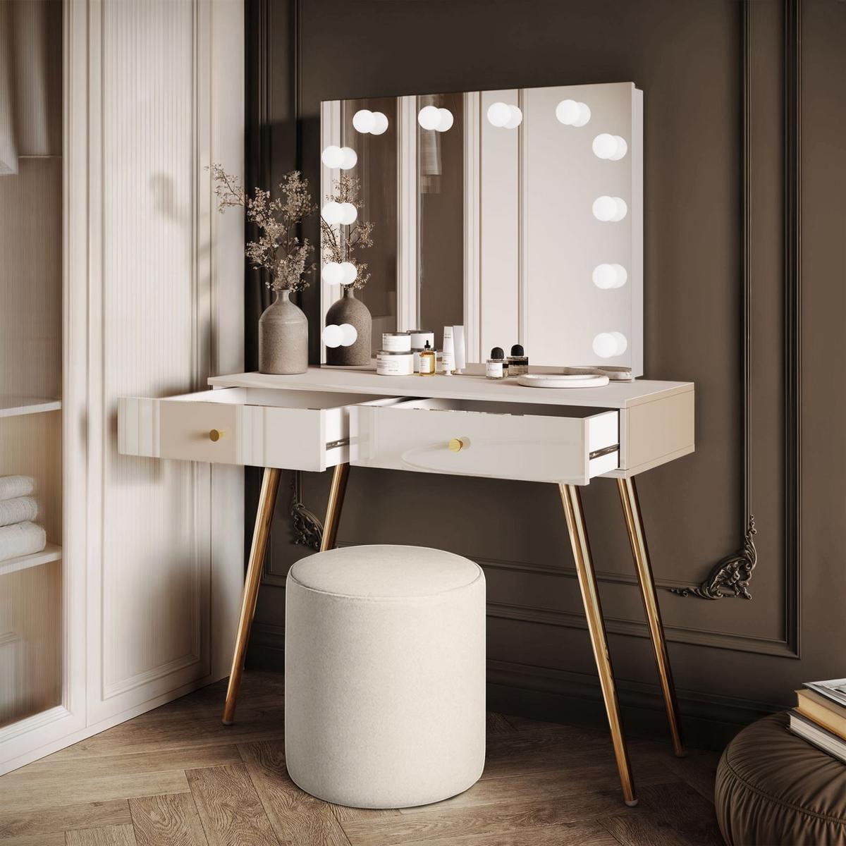 SCHMINKTISCH SIENNA GOLD ELITE auf schrägen Beinen goldener Griff - Ecru, Holzwerkstoff (100/81/42cm) - Lookway