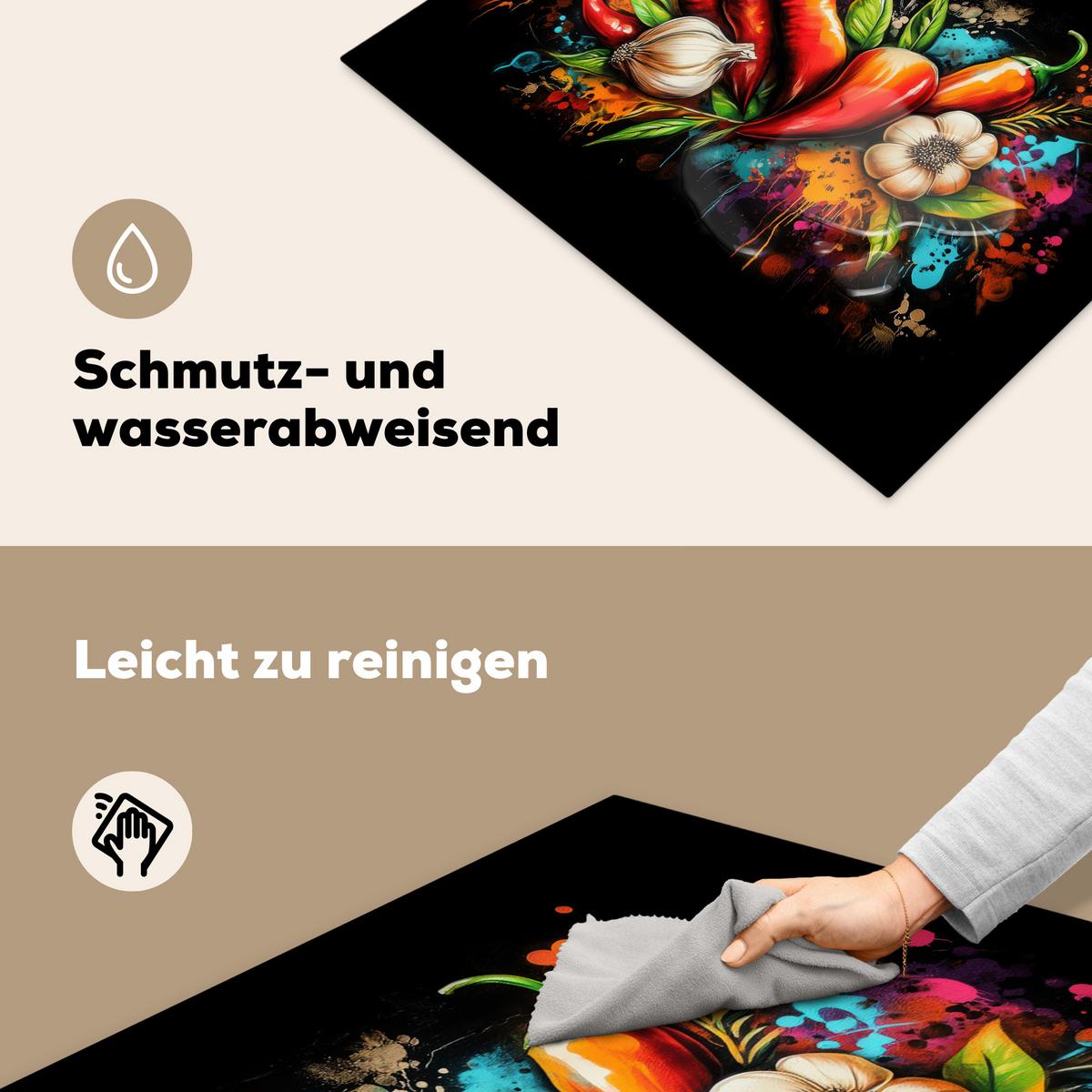 HERDABDECKPLATTE Gemüse - Paprika - Knoblauch - Graffiti - Farbe - Bunt Induktionsmatte 77x59 cm - Rot, Kunststoff (77/59/0.2cm) - MuchoWow