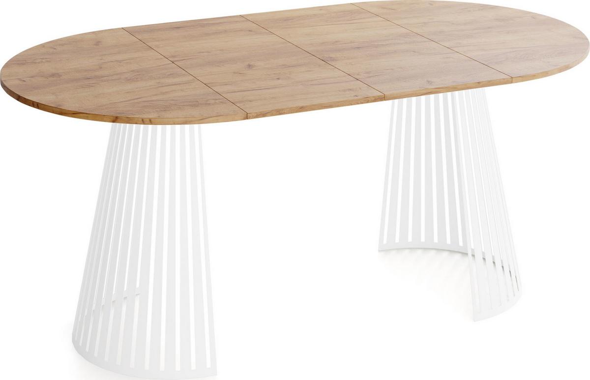ESSTISCH Naro rund ausziehbar mit Weißem Lamellen-Metallgestell, Braun 100-180/100/76 cm - Eiche Wotan/Weiß, Holzwerkstoff/Metall (100/176/76cm) - WFL GROUP
