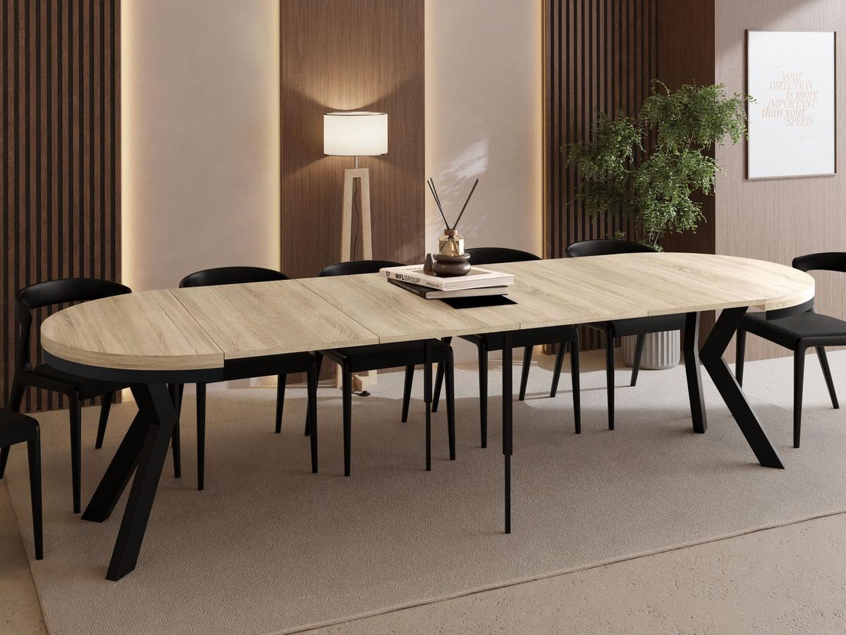 ESSTISCH Savio Neo rund ausziehbar verlängerbar XXL, Eiche Sonoma Hellbraun 100-300/100/77 cm - Schwarz/Sonoma Eiche, Holz/Holzwerkstoff (100/300/77cm) - WFL GROUP