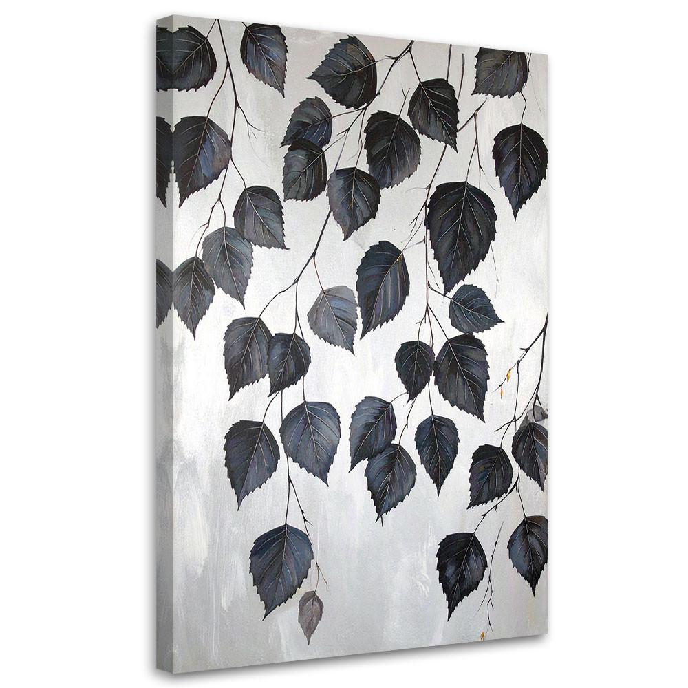 BILD auf Leinwand, Schwarze Birkenblätter auf grauem Hintergrund - Schwarz, Textil (70/100cm) - Feeby