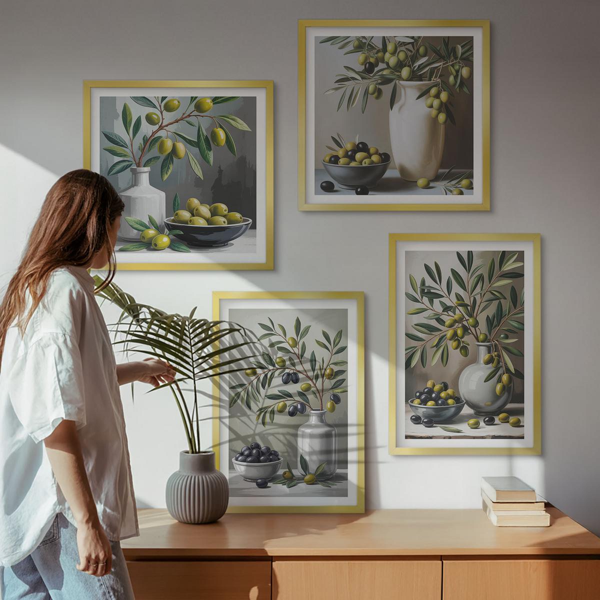 BILDER SET 4er Set - 50x50 cm & 40x60 cm Goldrahmen - Oliven in Keramikgrau - Goldfarben, Kunststoff (50/50cm) - TULUP