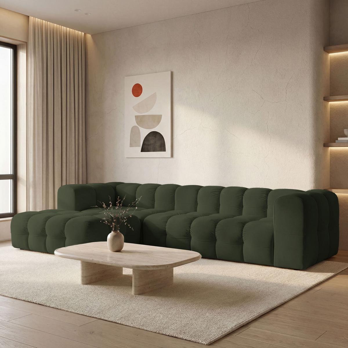 ECKSOFA Mochi L-Form 5-Sitzer Links, Samt, Dunkelgrün 290/75/193 cm - Dunkelgrün/Schwarz, Kunststoff/Textil (290/193cm) - WFL GROUP