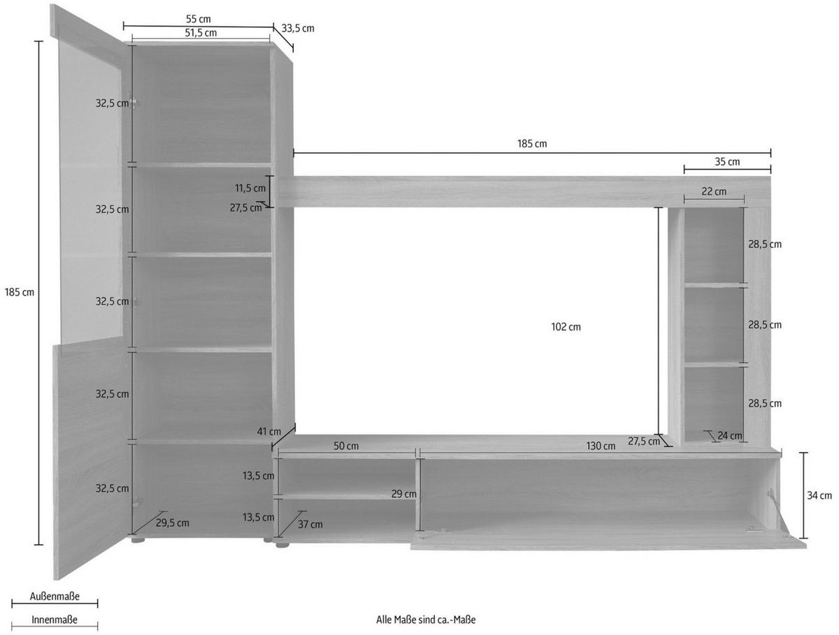 WOHNWAND Sonoma Eiche hell sägerau, weiß 240 cm, Schrankwand mit viel Stauraum - Silberfarben/Schwarz, Holzwerkstoff/Kunststoff (240/185/41cm) - Top.Furn