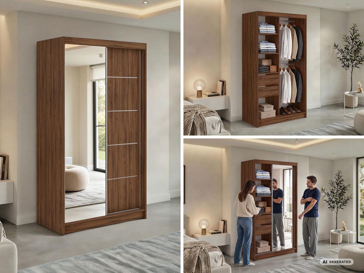 SCHWEBETÜRENSCHRANK mit Schubladen 120 - SKORIA - Warmia Walnuss mit Spiegel - Walnussfarben/Alufarben, Holzwerkstoff/Metall (120/216/61cm) - MKS