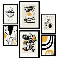 POSTER Set Mit 6 In Schwarzer Tinte Früchte Künstlerische Und Abstrakte Drucke Für Innenarchitektur A3 & A4 Schwarzer Rahmen - Schwarz, Papier (29/3cm) - Nacnic