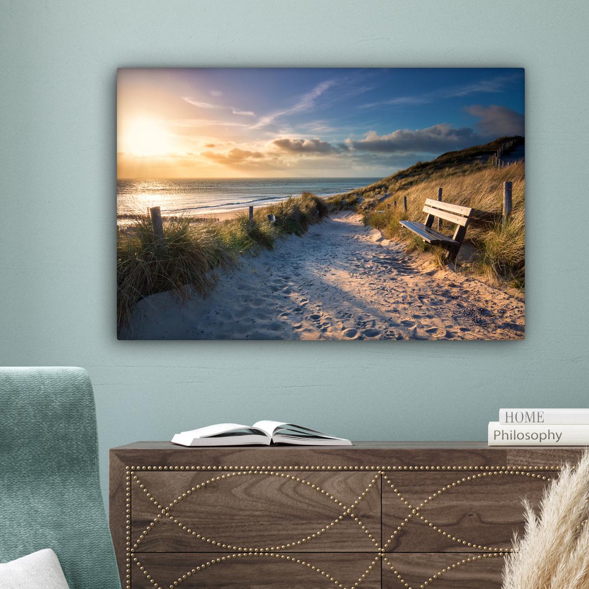 LEINWANDBILD Sonnenuntergang - Strand - Düne - Gras - Ufer Gemälde 60x40 cm - Sandfarben, Textil (60/40cm) - MuchoWow