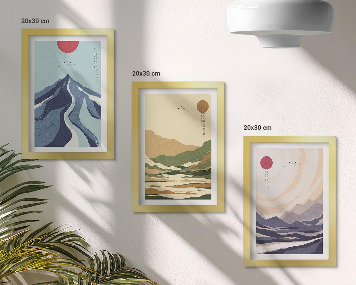BILDER SET 3er Set - 20x30 cm Goldrahmen - Pastellfarbene Berge im Japandi-Stil - Goldfarben, Kunststoff (20/30cm) - TULUP