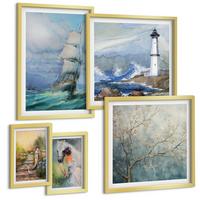 BILDER SET 5er Set - 50x50 cm & 20x30 cm & 40x60 cm Goldrahmen - Familienillustrationen Hausschilder - Goldfarben, Kunststoff (40/60cm) - TULUP