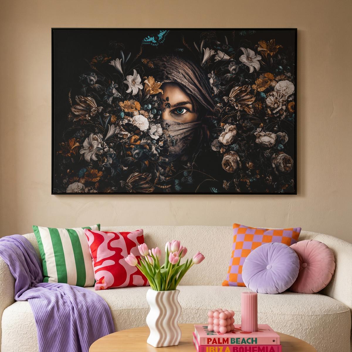 LEINWAND Bilder mit Rahmen - Frau - Luxus - Blumen - Schmetterling - Porträt - 120x80 - Schwarz, Textil (120/80cm) - MuchoWow