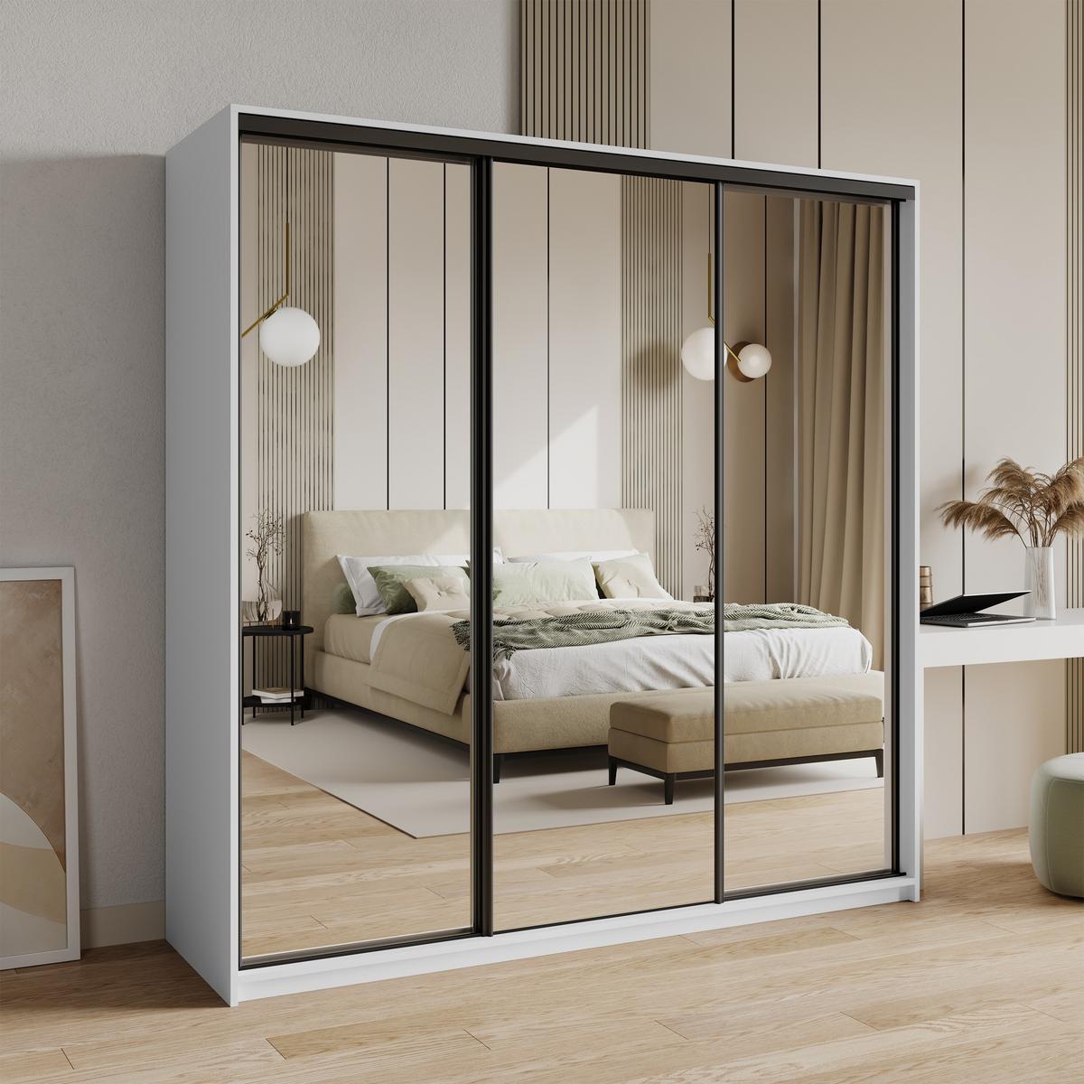 SCHWEBETÜRENSCHRANK RIEN 200/205/60 cm 3-türig mit Spiegel Weiß - Weiß, Holzwerkstoff (200/205/60cm) - MASSENO