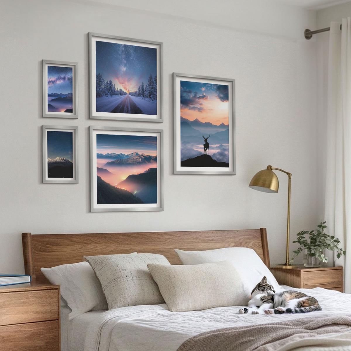 BILDER SET 5er Set - 50x50 cm & 20x30 cm & 40x60 cm Silberner Rahmen - Nachthimmel Berge Nebel Hirsch - Silberfarben, Kunststoff (40/60cm) - TULUP
