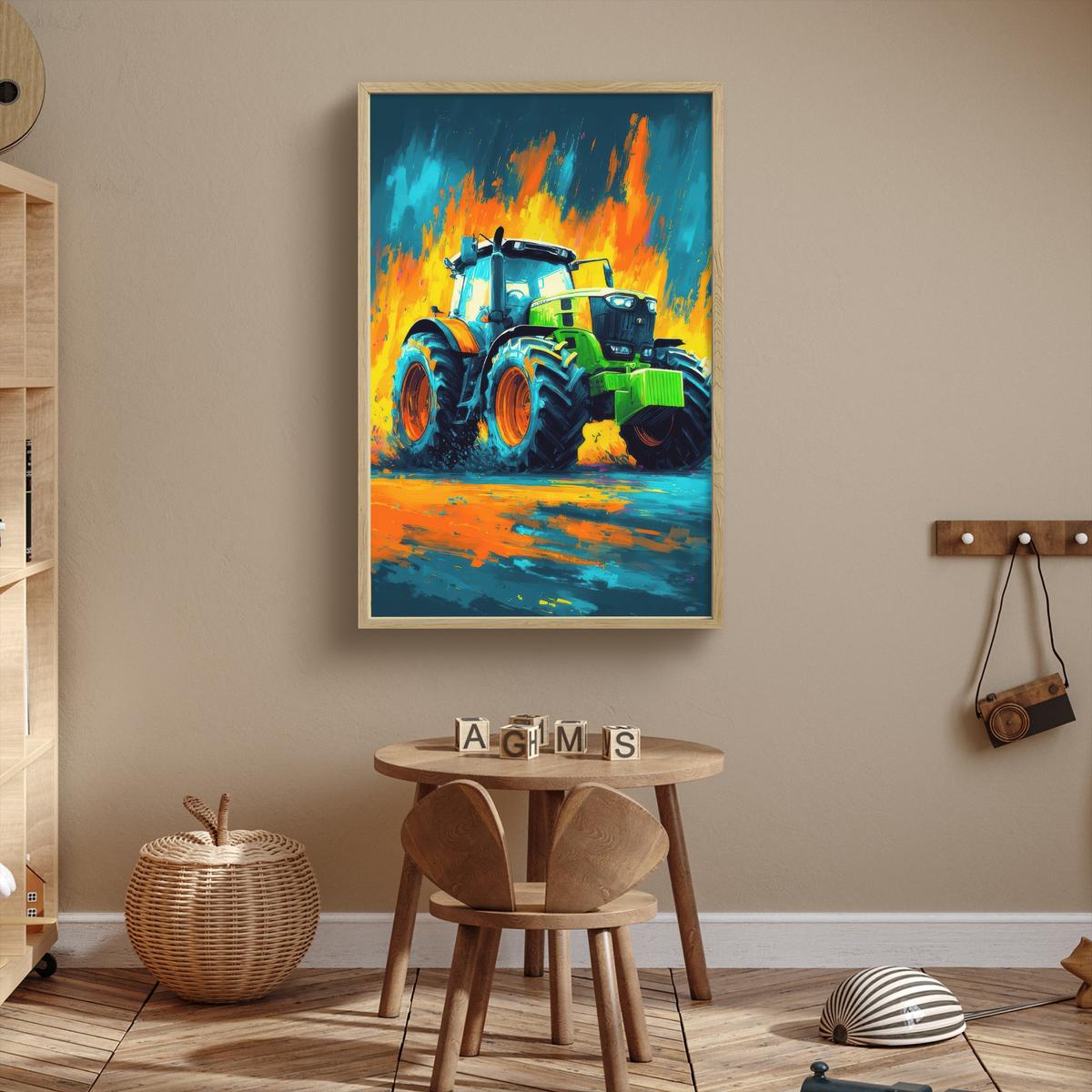 WANDLEUCHTE MIT AKKU Abstrakt - Traktor - Grün 70x100 cm - Dunkelblau, Holzwerkstoff (70/100/8cm) - OnlyWow