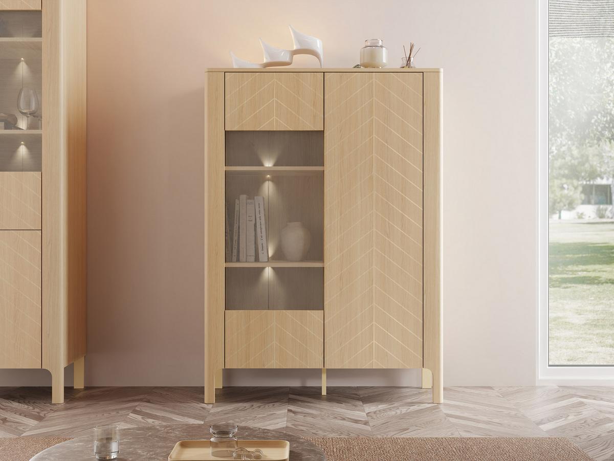 VITRINE Malumi MM03 2D mit weißer LED Beleuchtung - Eichefarben/Naturfarben, Holzwerkstoff/Metall (103/146/41cm) - MIRJAN24