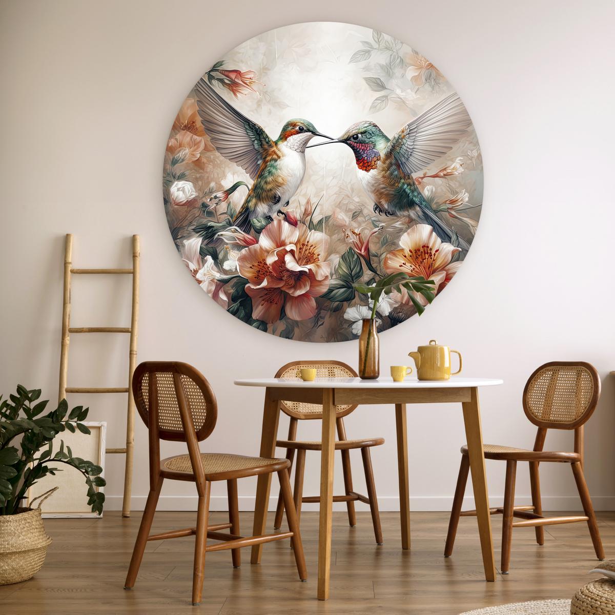 WANDBILD Kolibri - Vögel - Blumen - Natur Deko Groß 150x150 cm - Altrosa, Kunststoff (150/150cm) - MuchoWow