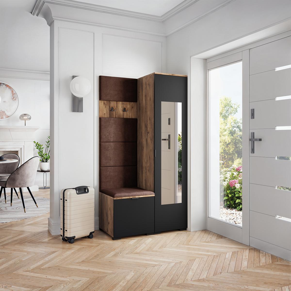 GARDEROBENSCHRANK VIRA 95/181/51 cm Modern Garderobe-Set Eiche Lefkas - Eichefarben/Schwarz, Holzwerkstoff (95/181/51cm) - MASSENO