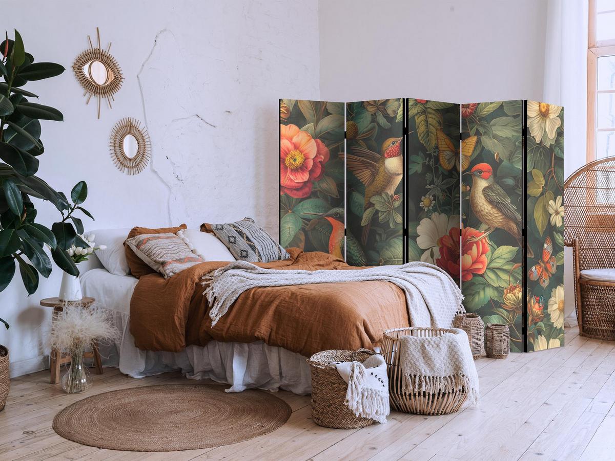 PARAVENT 5-tlg 225x172 cm Vögel und Blumen Boho - Multicolor, Holz/Textil (225/172/3cm) - Muralo