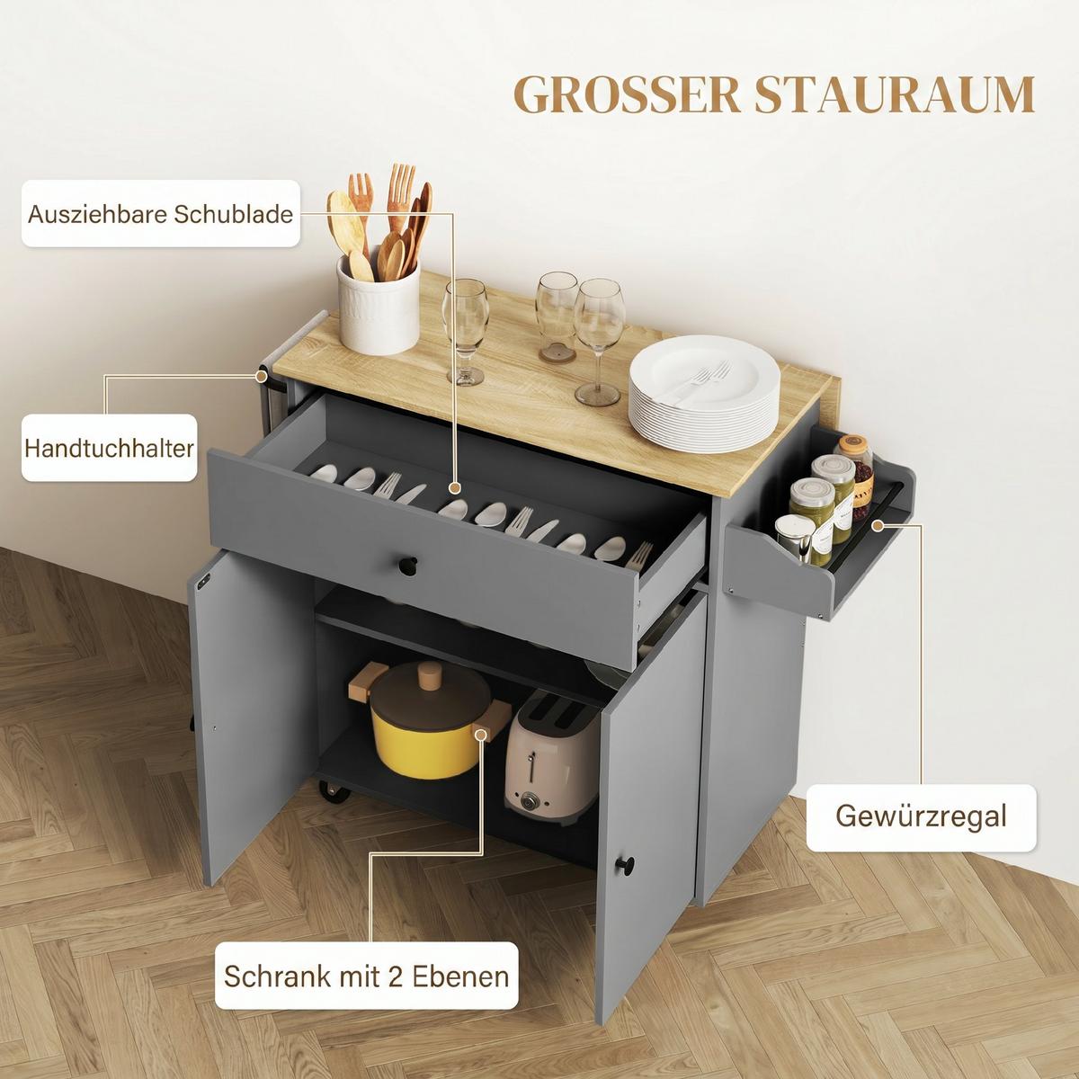 KÜCHENINSEL Spanplatte MDF Grau - Schwarz/Grau, Holzwerkstoff/Metall (42/87/106cm) - HOMCOM