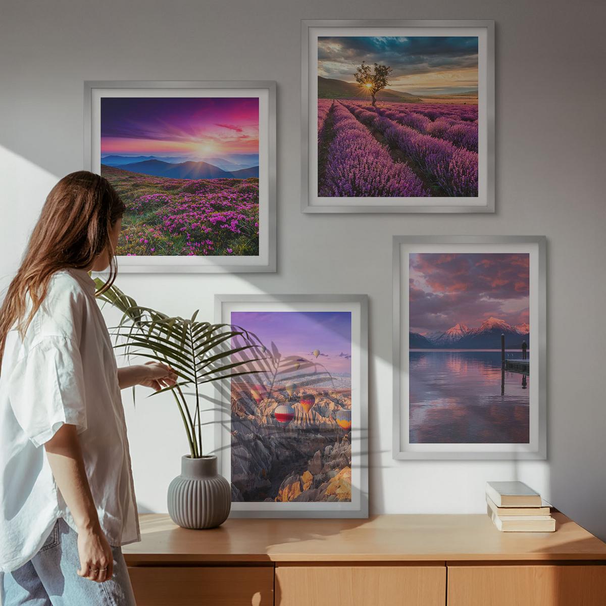 BILDER SET 4er Set - 50x50 cm & 40x60 cm Silberner Rahmen - Sonnenuntergang auf Lavendelfeldern - Silberfarben, Kunststoff (50/50cm) - TULUP