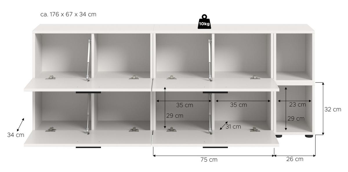 TV-LOWBOARD weiß 176 cm, Fernsehtisch hängend / stehend - Schwarz/Weiß, Holzwerkstoff/Kunststoff (176/67/34cm) - Inn.Furn