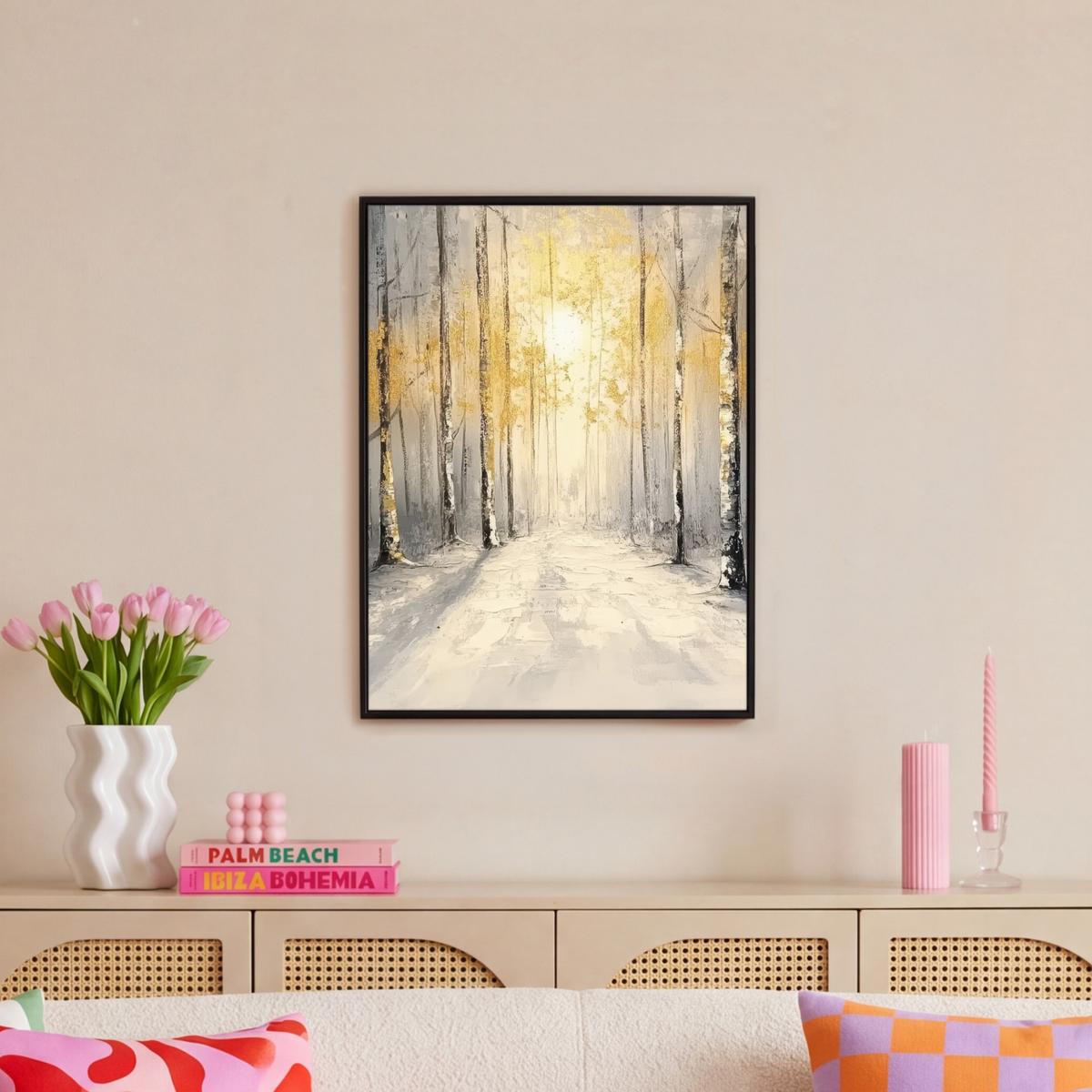 LEINWAND Bilder mit Rahmen - Winter - Abstrakt - Schnee - Natur - Sonne - 50x70 - Grau, Textil (50/70cm) - MuchoWow