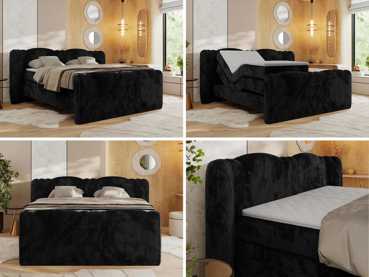 BOXBETT FORTINA 160/200 - Schwarz Plüsch - H4 - Schwarz, Holz/Textil (160/200cm) - MKS