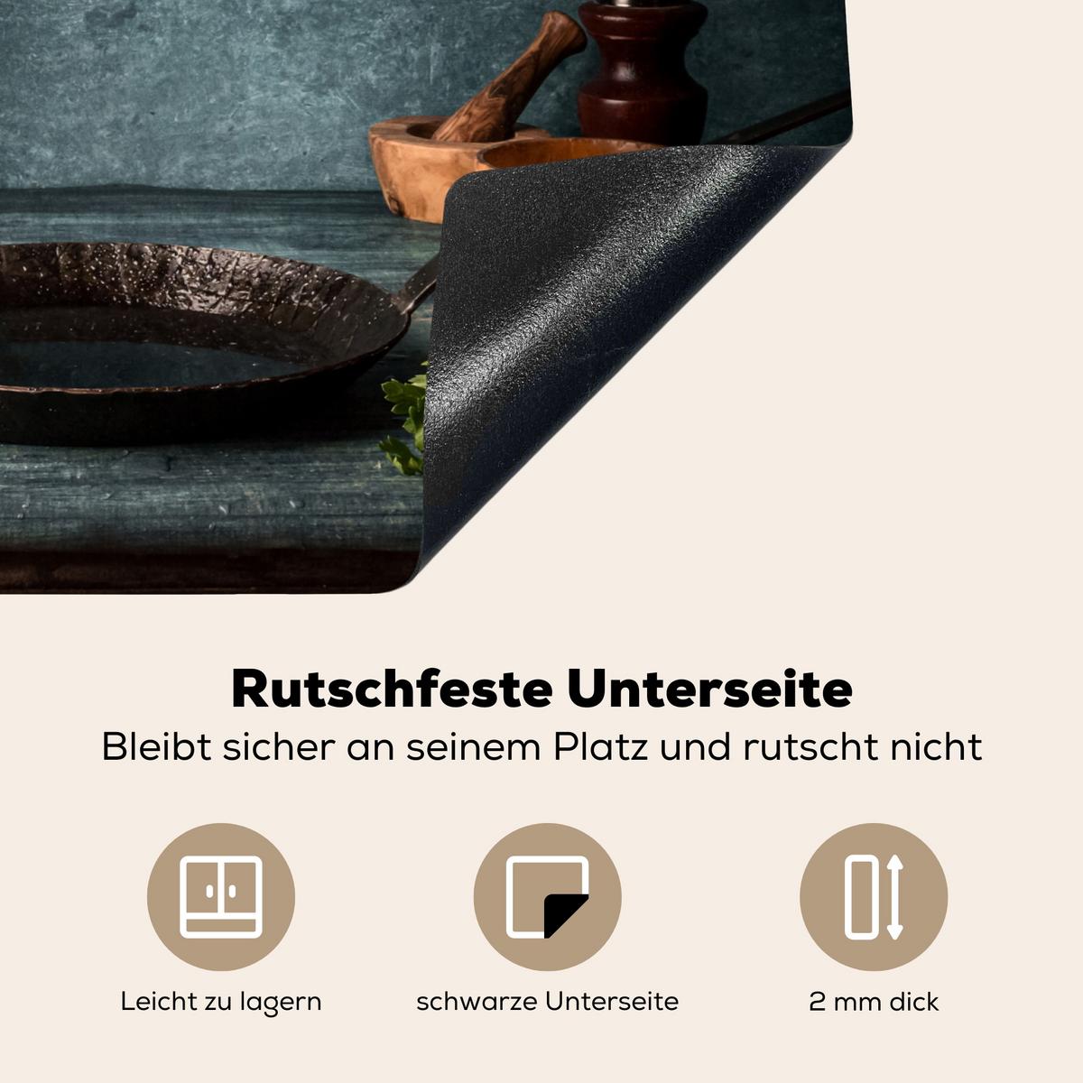 HERDABDECKPLATTE Kräuter - Gewürze - Pfanne - Messer - Grau - Rustikal Ceranfeldabdeckung 59x52 cm - Petrol, Kunststoff (59/52/0.2cm) - MuchoWow
