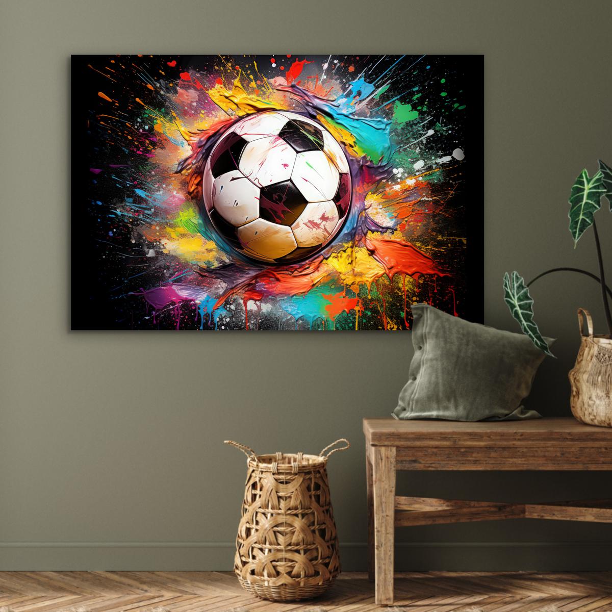 METALLBILD Fußball - Farbe - Farben - Schwarz - Weiß Deko Groß 120x80 cm - Weiß, Metall (120/80cm) - MuchoWow