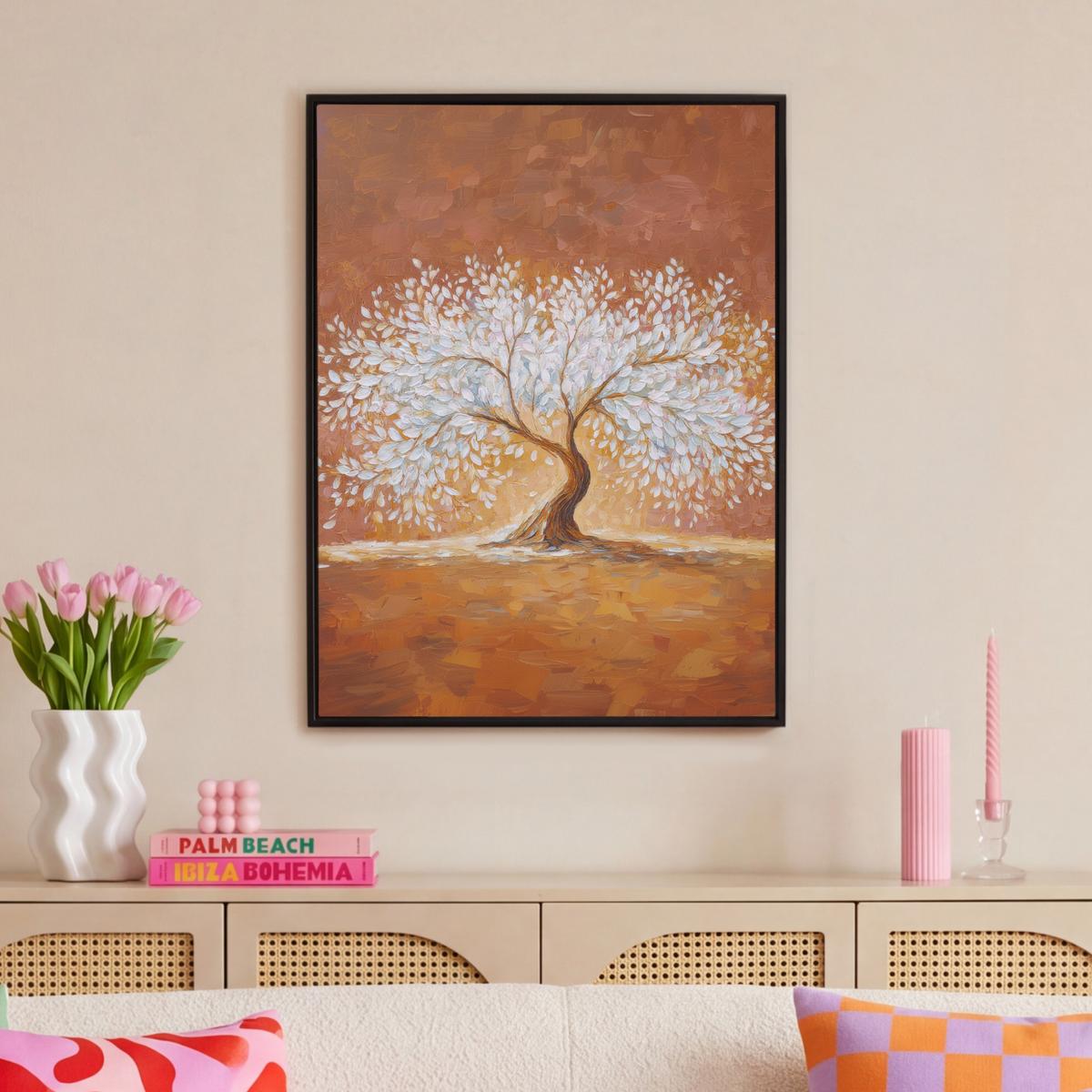 LEINWAND Bilder mit Rahmen - Abstrakt - Baum - Weiß - Blätter - 70x100 - Braun, Textil (70/100cm) - MuchoWow