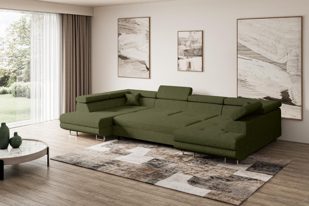 WOHNLANDSCHAFT mit Schlaffunktion und Bettkasten GUSA-U 342x202x107 cm Grün Bouclé - Silberfarben/Grün, Holzwerkstoff/Textil (342/107/202cm) - ALTDECOR