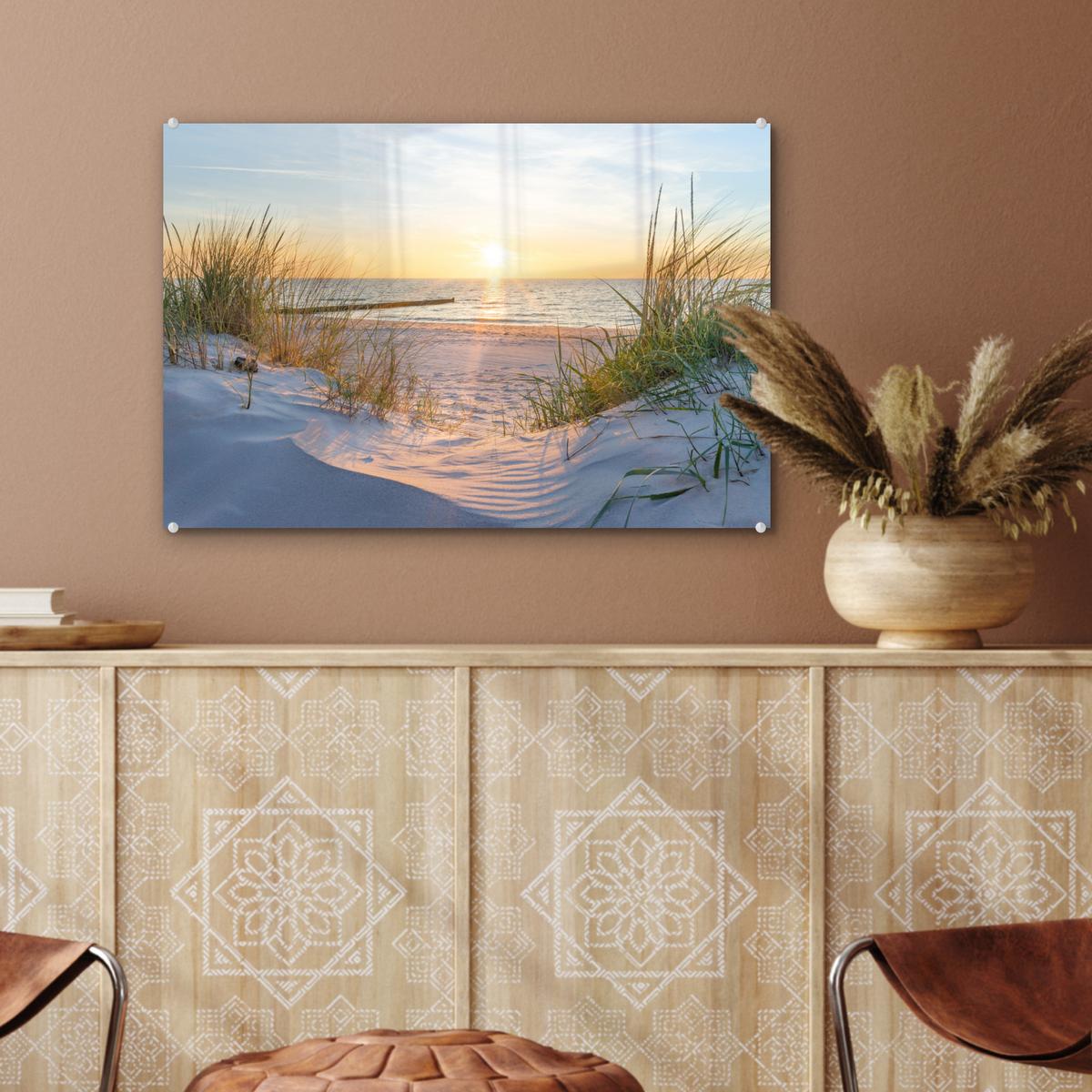 ACRYLGLASBILD Strand - Sonne - Düne - Gras - Sand - Horizont Wanddeko 60x40 cm - Hellblau, Glas (60/40cm) - MuchoWow