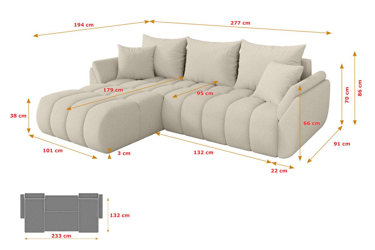 ECKSOFA mit Schlaffunktion Ottomane Links TOKO-L-v1 277x194x86 Beige Bouclé - Sandfarben/Beige, Holzwerkstoff/Kunststoff (277/194cm) - ALTDECOR