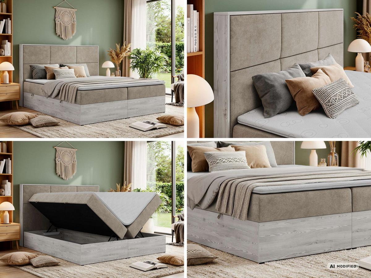 BOXBETT DELNOR 160/200 - Greige Stukture - Topper Visco - H4 - Greige/Schwarz, Kunststoff/Textil (160/200cm) - MKS