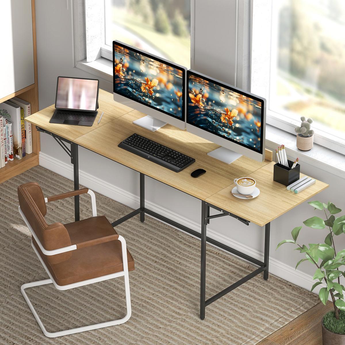 SCHREIBTISCH Klappbar Computertisch Bürotisch mit Modern-Design, Metallgestell - Eichefarben/Schwarz, Holzwerkstoff/Metall (170/58/78cm) - HOMCOM