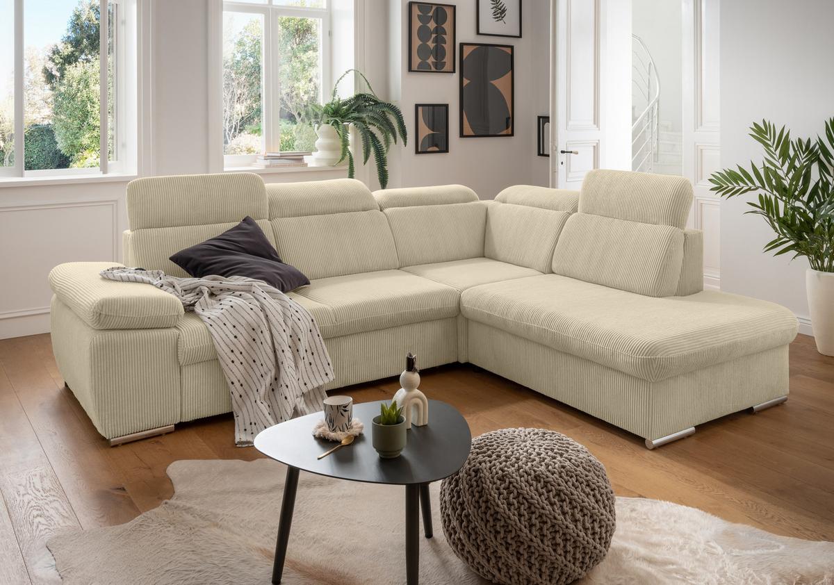 ECKSOFA mit Schlaffunktion, Bettkasten, Kopfstützen verstellbar, Wellenunterfederung, Ottomane rechts B283/T228/H102 cm, Cord Beige Grau / 17216 - Chromfarben/Greige, Textil/Metall (283/228cm) - luma-home