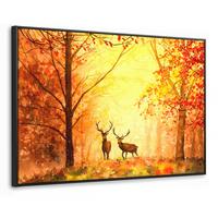 LEINWAND Bilder mit Rahmen - Natur - Ölfarbe - Hirsche - Tiere - Herbst - Orange - 120x80 - Orange, Textil (120/80cm) - MuchoWow