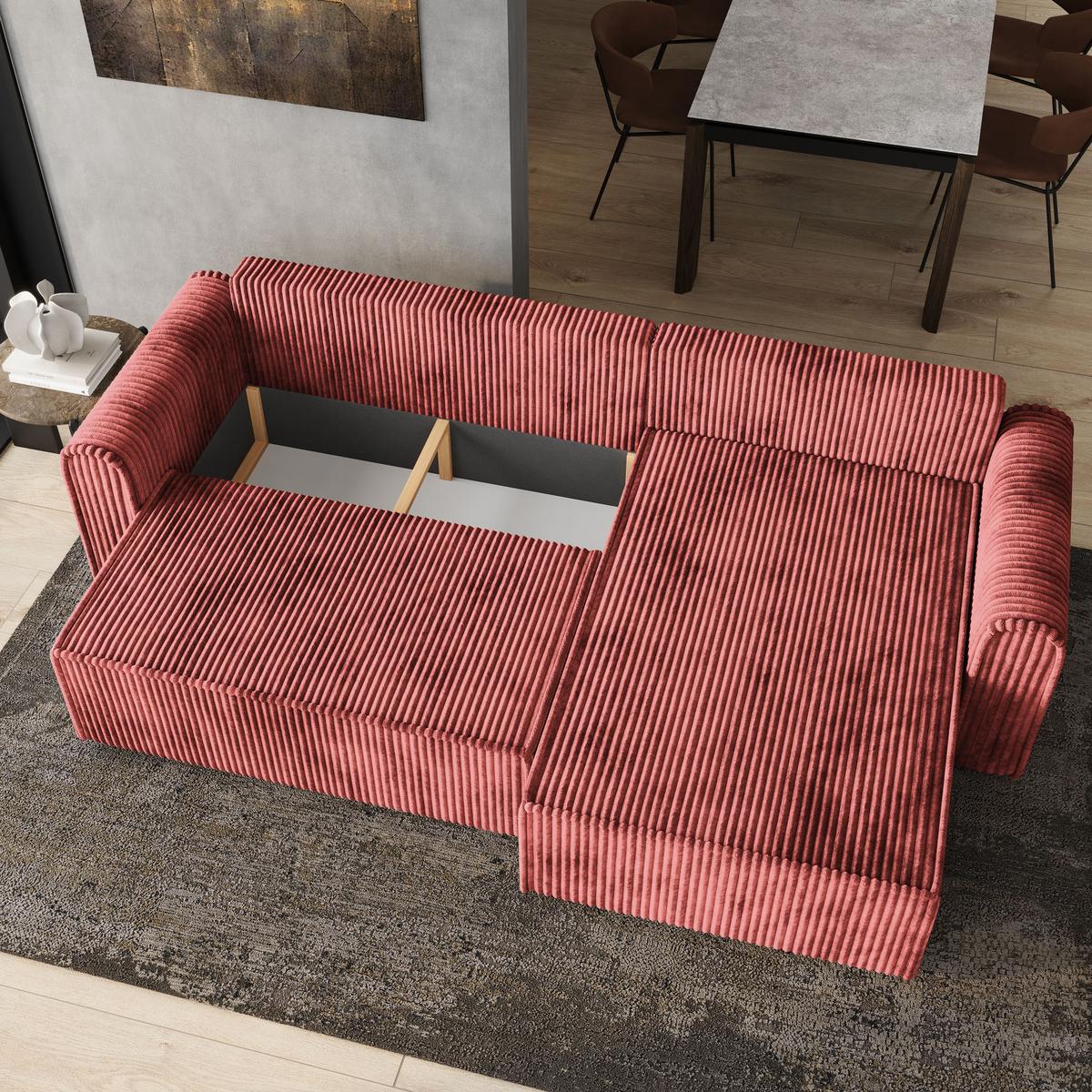 ECKSOFA VALTINO Rosa Kordstoff mit Schlaffunktion - Rosa, Holz (275/148cm) - MASSENO