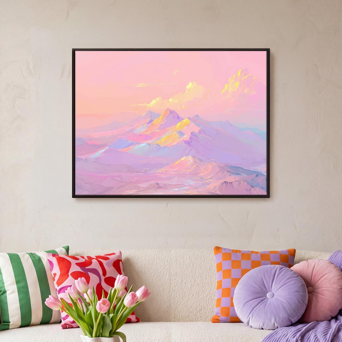 LEINWAND Bilder mit Rahmen - Berggipfel - Wolken - Verträumt - 80x60 - Hellrosa, Textil (80/60cm) - MuchoWow