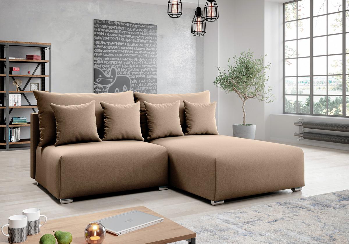 ECKSOFA L Form Ederra Beige Stoff 208/190/91 cm – großes Sofa mit Schlaffunktion R - Beige/Silberfarben, Textil/Metall (208/190cm) - AX Living