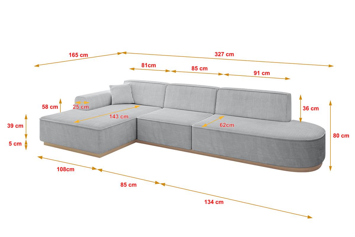 ECKSOFA Ottomane Links IREA-L2 - 327x165x80 cm Grau - Grau, Holzwerkstoff/Textil (327/165cm) - ALTDECOR