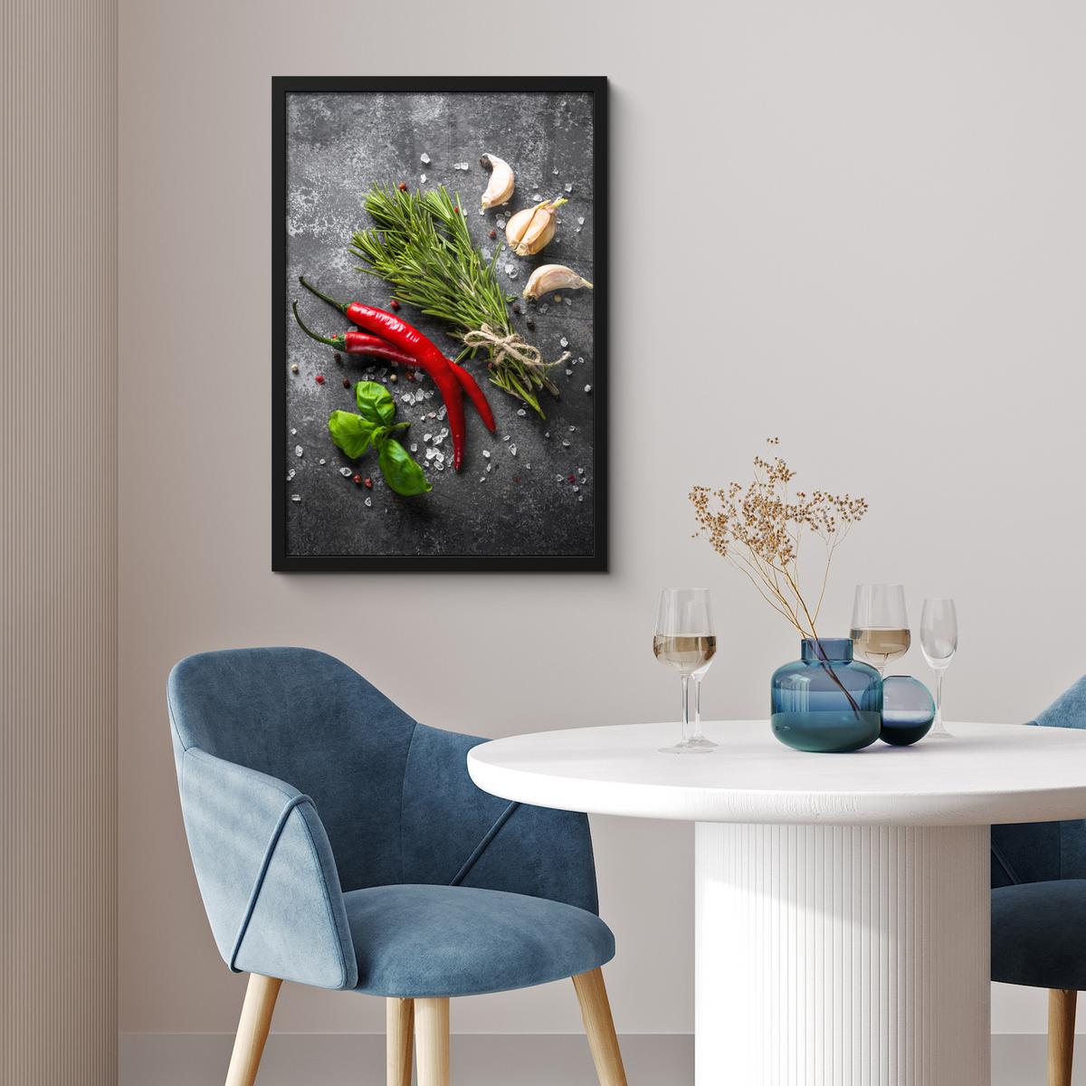 POSTER MIT RAHMEN Pfeffer - Kräuter - Gewürze - Beton Bilder mit Rahmen 40x60 cm - Dunkelgrau, Papier (40/60cm) - MuchoWow