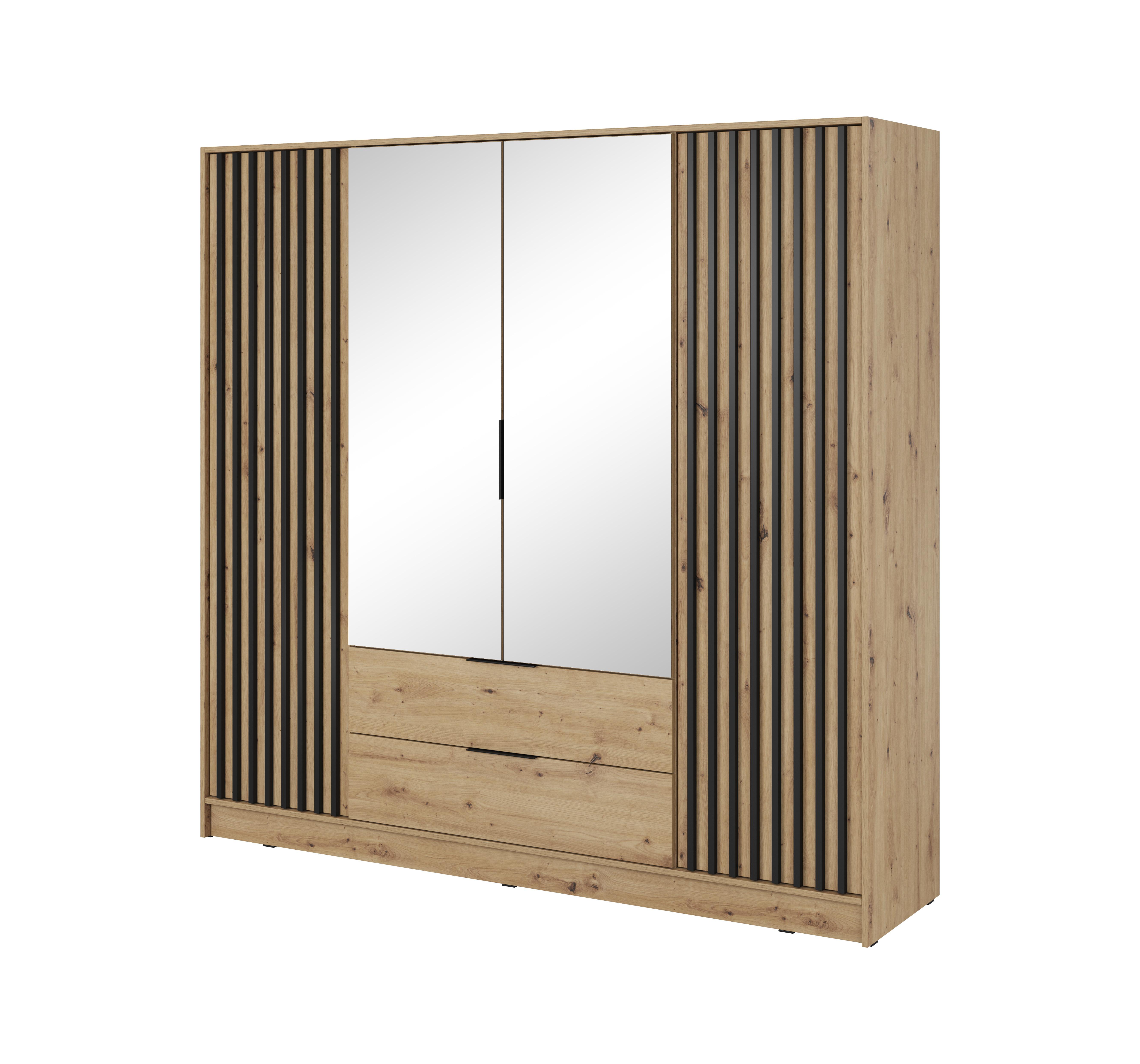 DREHTÜRENSCHRANK NELIANA 206/200/51 cm 4-türig mit Spiegel Eiche Artisan - Eiche Artisan, Holzwerkstoff (206/200/51cm) - MASSENO