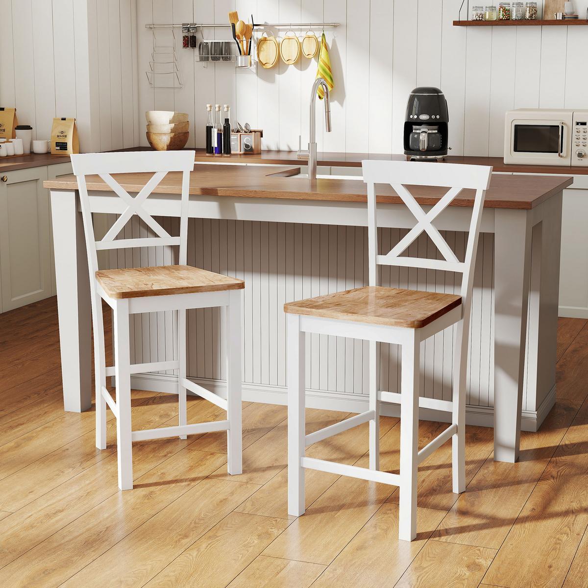 BARHOCKER 2er Set Barstuhl Küchenstühle mit Rückenlehne und Fußstütze Eiche - Eichefarben/Multicolor, Holz (41.5/96/46.5cm) - HOMCOM