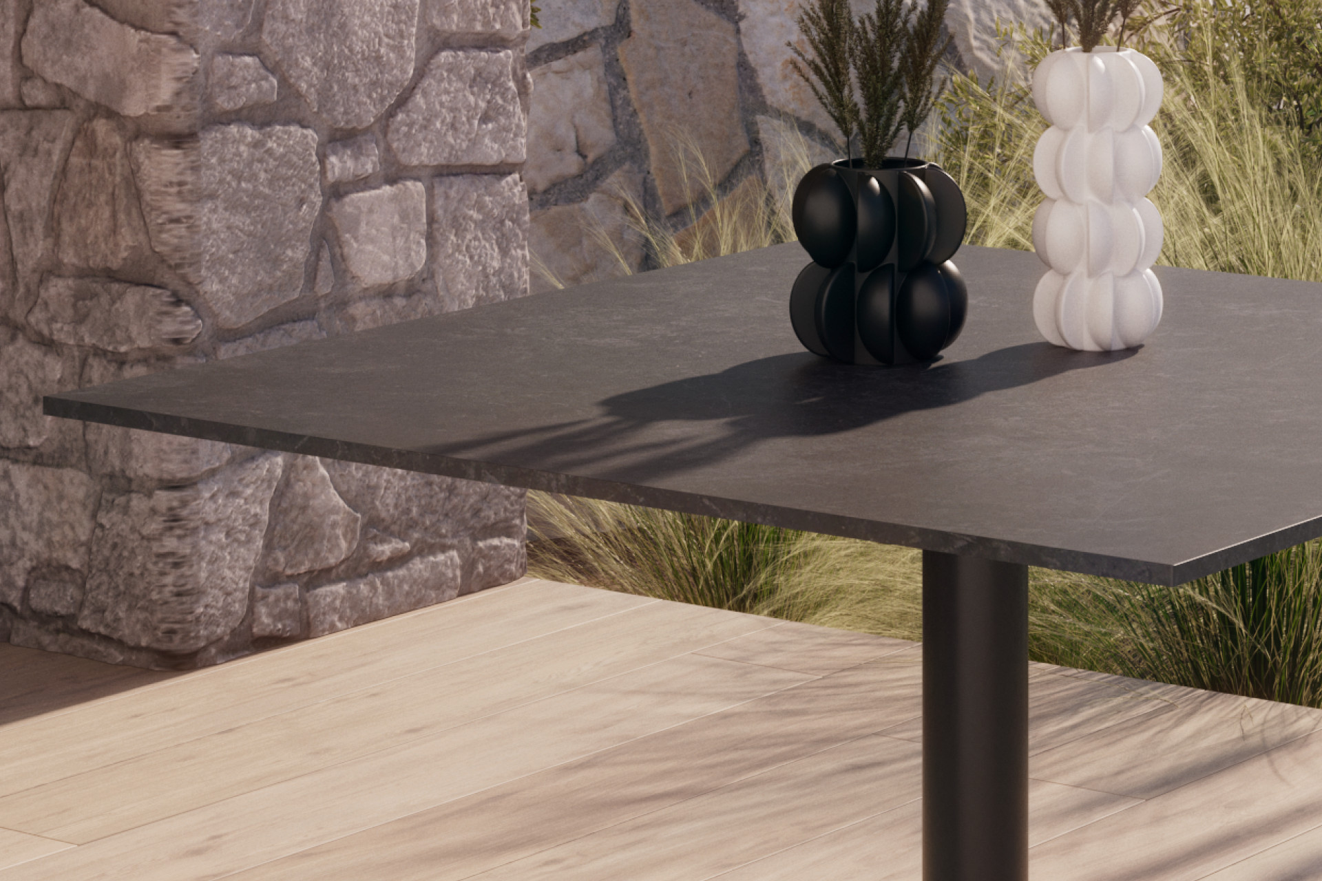 Gartentisch Anthrazit Tischplatte Kunststein Solid Surface matt gerade Kante neigbar quadratisch