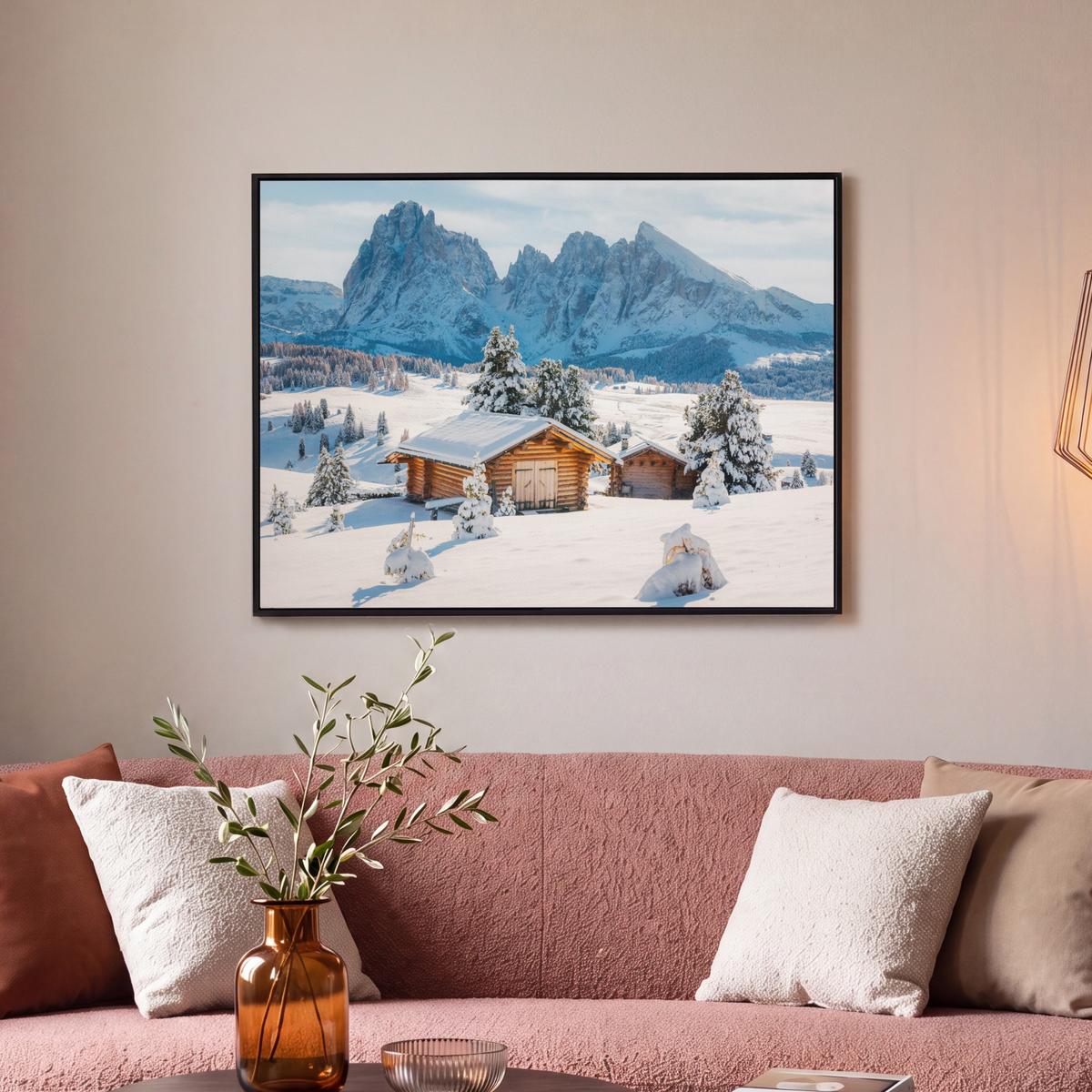 LEINWAND Bilder mit Rahmen - Winter - Hütte - Berge - Aussicht - Schnee - 70x50 - Eichefarben, Textil (70/50cm) - MuchoWow