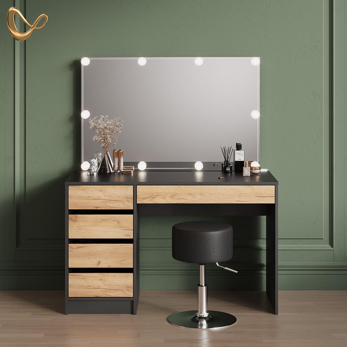 SCHMINKTISCH Imola Anthrazit/Goldkraft Eiche mit LED Beleuchtung und Hocker - Honigeiche/Anthrazit, Holzwerkstoff (120/75/55cm) - Livinity®
