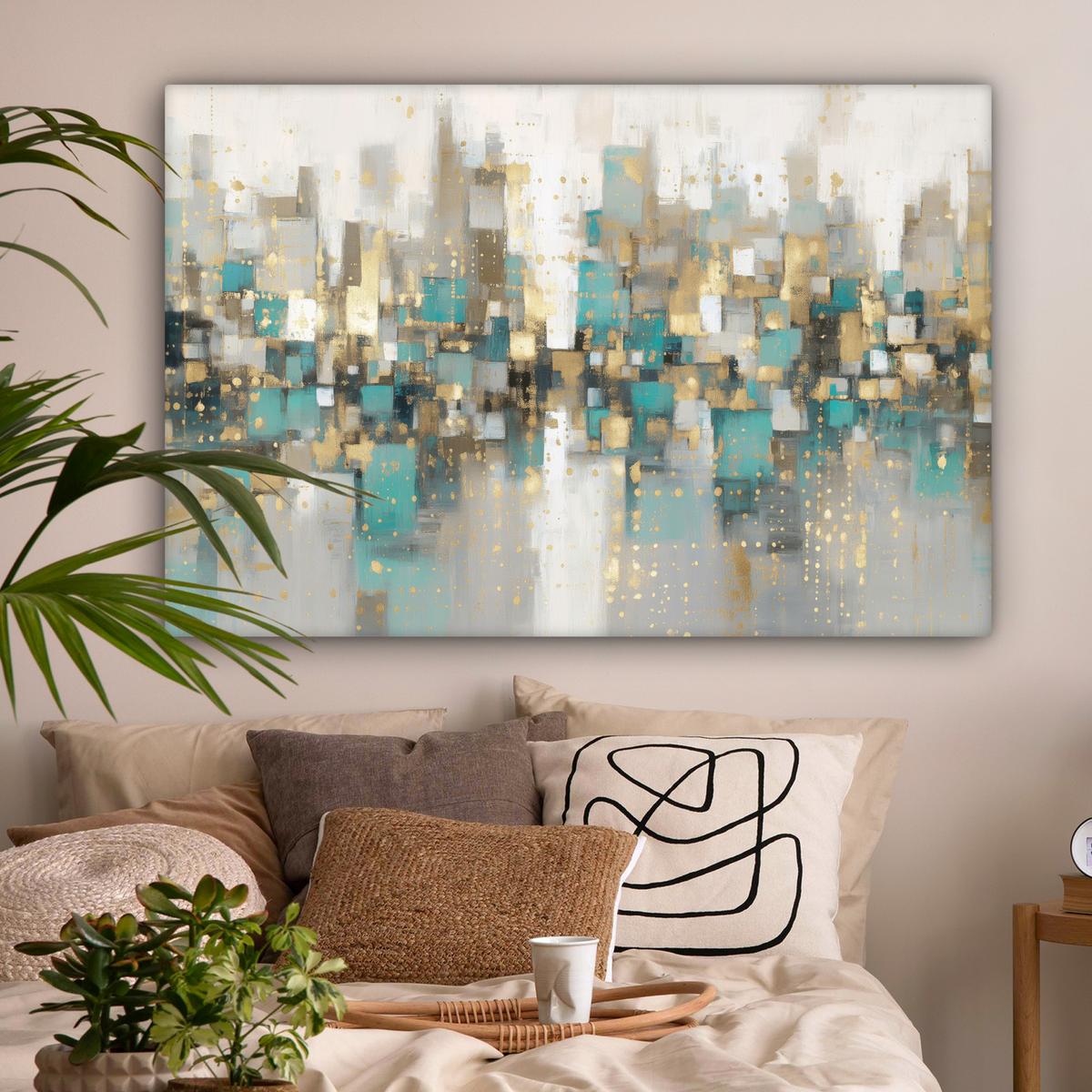 LEINWANDBILD Abstrakt - Blöcke - Gold - Skyline Wohnzimmer Groß 120x80 cm - Beige, Textil (120/80cm) - MuchoWow
